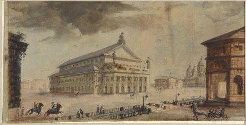 Petrohradské císařské divadlo Velkého Kamenného - Domenico Felice Lamoni (1745-1830). Akvarel a bílá barva na papíře, před rokem 1783. Státní muzeum historie Petrohradu