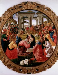 Klanění Tří králů, obraz Domenica Ghirlandaia (Domenico Bigordi) (1449-1494), 1487, průměr 171 cm, Florencie, Galleria degli Uffizi