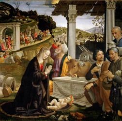 Klanění pastýřů, obraz Domenica Ghirlandaia (1449-1494), 1483-1485, slunce, 167x167 cm, Cappella Sassetti, Santa Trinita, Florencie