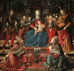 Madonna s dítětem na trůnu, sv. Zenobius, sv. Spravedlivý, sv. archanděl Michael a sv. archanděl Rafael, cca 1483, Domenico Ghirlandaio (1449-1494), tempera na dřevě