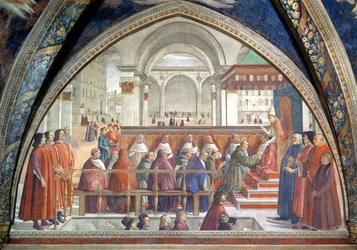 Svatý František přebírá řeholi od papeže Honoria, scéna z cyklu Život sv. Františka z Assisi, 1486 (viz také 52660 a 176888)