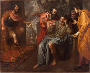 Mediis tranquillus in undis neboli „“ Neochvějnost řeckého filozofa Anaxarcha z Abdere (4. století př. n. l.)““ Byl společníkem představitele Alexandra Velikého vlevo. Obraz Domenica Fiasella dit il Sarzana (1589-1669) 1630-163