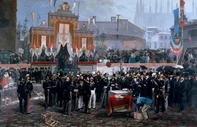 Slavnostní položení základního kamene Galleria Victor Emmanuel II v Miláně, 7. března