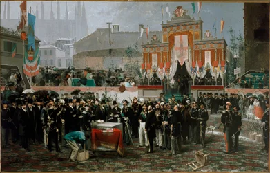 Ceremoniál pro základní kámen galerie Vittorio Emanuele II. 7. března 1865 (olej na dřevě