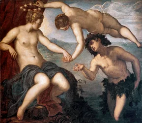 Obraz Bacchus, Venuše a Ariane od Tintoretta nebo Tintoreta (Jacopo Robusti) (1518-1594) 1577-1580 Ne. 146x167 cm Dlaždice anticollege, Dóžecí palác, Benátky