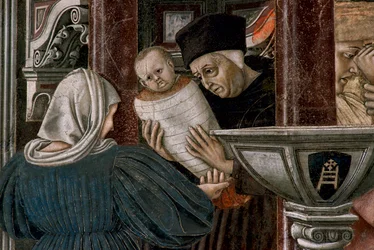 Historie nemocnice: "" Pohled na sirotčinec Santa Maria della scala v Sieně "" sňatek mladého sirotka. Detail představující opuštění sirotka při narození. Freska od Domenica di Bartolo (1400/1404-1445/47) v sále poutníků