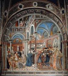 Pohled na sirotčinec Santa Maria della Scala v Sieně Vlevo se chůvy starají o opuštěné děti, vpravo těhotná žena nucená se vdát. Freska od Domenica di Bartolo (aktivní mezi 1428 a 1447) Spedale di Santa Maria del