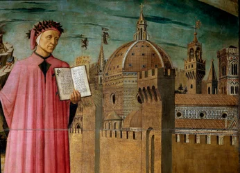 Dante Alighieri představuje své dílo, Božskou komedii. Detail básníka a dómu Santa Maria del Fiore ve Florencii