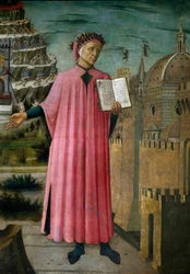 Italský básník Dante Alighieri (1265-1321) představuje své dílo Božská komedie (La divina commedia). Detail. Freska Domenica di Michelino (1417-1491), katedrála Santa Maria del Fiore, Florencie. (Duomo, Florencie), Itálie