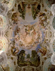 Freska zdobící kupoli kláštera Schussenried od architekta Domenika Zimmermanna (1685-1766) 1730-1731 Schussenried, Německo