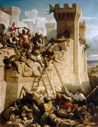 Guillaume de Clermont bránící hradby při obléhání Acre, 1291