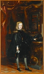 Karel II. v černém oděvu se zlatým rounem na krku. Syn Filipa IV.