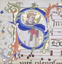 Velmi velká historická iniciála „S“, zobrazující svatého Štěpána, cca 1350-1400 (barevné inkousty a zlatý list na pergamenu)