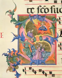 Ms 572 f.32v Historická iniciála „S“ zobrazující kamenování sv. Štěpána
