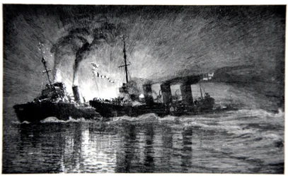 HMS Broke narážení do německého torpédoborce, ilustrace z 
