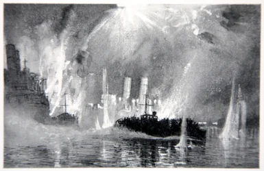 Motor Launches zachraňující posádky blokových lodí v Zeebrugge, ilustrace z „The Naval Front“ od Gordona S. Maxwella, 1920