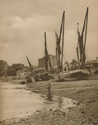 Barges Aground At Mortlake With The Tide at Full Ebb, c1935.