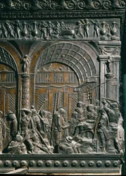Kristus před Pilátem Pontským. Detail. Nízký reliéf levé kazatelny, cca 1460