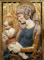 Panna a dítě, asi 1440, od Donatella (asi 1386-1466), malovaný a zlacený terakotový reliéf