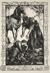 Objevil se před ní palamides, ilustrace z „Příběhů krále Artuše a kulatého stolu“ od Beatrice Clayové