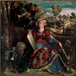 Kouzelnice Kirké. Čarodějnice je zobrazena na svém ostrově s bujnou vegetací, v doprovodu psa, na zemi leží zbroj. Obraz Giovanniho Luteriho zvaného Dosso Dossi (asi 1489-1542), asi 1530. 176 x 174 cm. Řím, Galleria Borghese.