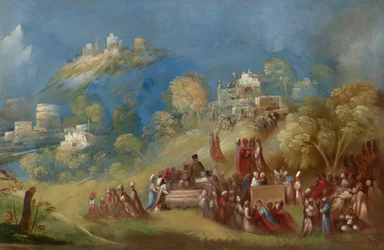 Trójané staví chrám Venuši a přinášejí oběti u Anchisova hrobu na Sicílii, asi 1520 (olej na plátně)