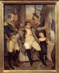 Portrét Napoleona I. (1769-1821) před portrétem jeho syna římského krále Napoleona II. (1811-1832) nabízený jeho společníky v exilu na ostrově Saint Helene Peinture de Dubreuil (1799-1850)