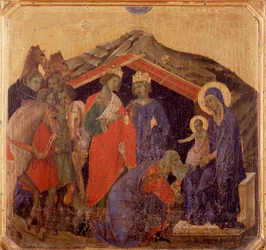 Život Kristův, klanění mágů. Predella z La Maesta (tempera na dřevě