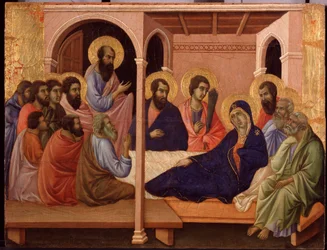 Maria opouští apoštoly. Predella z La Maesta (tempera na dřevě