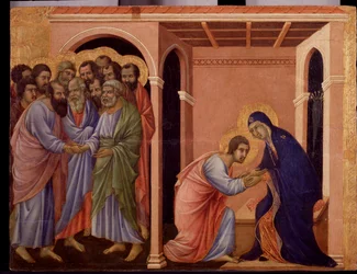 Marie se rozchází s Janem, navenek si apoštolové Petr a Pavel podávají ruce. Detail Maesty (tempera a zlato na dřevě