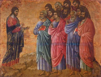 Zjevení Krista na hoře v Galileji, detail z Výjevů z Kristova utrpení a zmrtvýchvstání, zadní strana oltářního obrazu Maestà v sienské katedrále