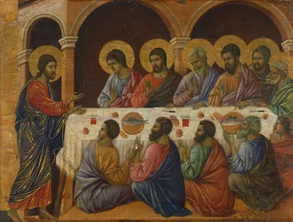 Poslední večeře, detail desky z Výjevů z Kristova umučení a zmrtvýchvstání, zadní strana Ducciova oltářního obrazu Maestà v katedrále v Sieně, od Duccia di Buoninsegna (kolem 1255 - před 1319)