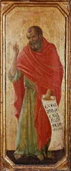 Prorok Hosea Detrempe na dřevě od Duccio di Buoninsegna (1255-1318 / 9) 1308-1311 Rozměr 42,5x16 cm Siena, Museo del Opera Metropolitana