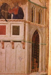 Pokušení v chrámu, detail. Oltářní obraz Maesta (tempera a zlato na dřevě