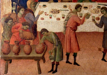 Svatba v Káně. Detail, zadní strana oltářního obrazu (tempera a zlato na dřevě