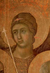 Panna a dítě na trůnu. Detail La Maesta (tempera a zlato na dřevě