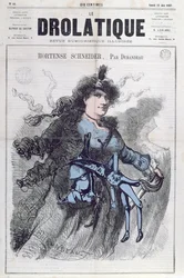 Karikatura Hortense Schneiderové (1833-1920) z titulní strany časopisu "Le Drolatique", 22. června 1867.