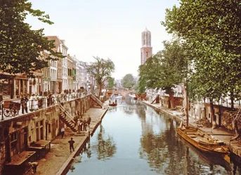 Pohled při pohledu dolů na Oudegracht v Utrechtu, 1890-1900