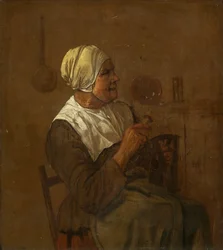 Sedící stará žena, cca 1650-1700 (olej na panelu)