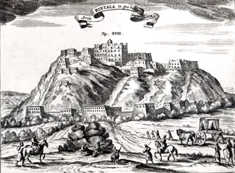 Bietala, pevnost Lamy Velikého, Království Lhassa, ilustrace z „La Chine illustree“ od Athanasiuse Kirchera (1602-80) Amsterdam, 1670 (rytina) (černobílá fotografie)