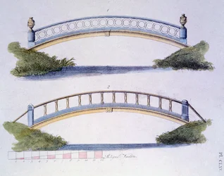 Návrhy mostů z Magazine of Garden Gems od G. van Laara, vydaného v roce 1802