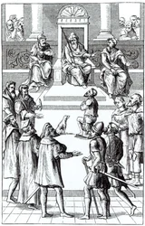Přiznání k nápravě před tribunálem po dřevorytu v Praxis Rerum Criminalium od Joose de Damhoudera (1507-81), publikovaném v Antverpách, 1556