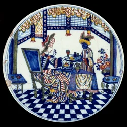 Delftský porcelánový talíř zobrazující ženu u stolu, kterou obsluhuje její černý sluha. 1705, Sèvres, Národní muzeum keramiky