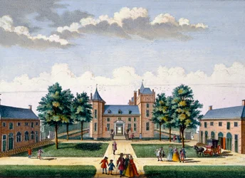 Průčelí hradu Assumburg, z knihy Het Zeganpralent Kennemerlant od Hendricka de Letha a Matthiase Broueria Van Nideka, vydané asi v letech 1700-1730.