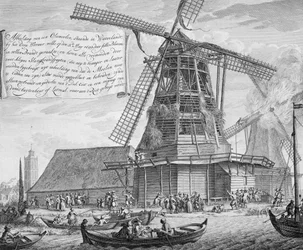 Hašení požáru ve větrném mlýně poblíž Wordenu, z knihy o hašení požárů v Holandsku, vydané kolem roku 1700
