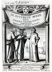 Frontispis Dialogus De Systemate Mundi od Galilea (1564-1642), vydaný v Leydenu 1635