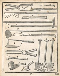 Zahradní nářadí z knihy The Dutch Gardener od Johanna van der Groena, vydané v roce 1699