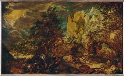 Noční krajina (malba na dubovém dřevě)