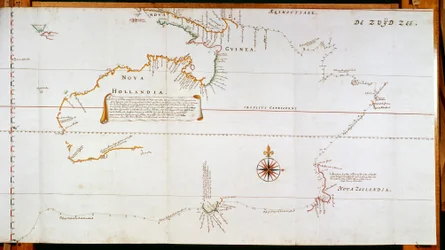Mapa Nového Holandska, nyní Austrálie, a Nového Zélandu, čerpaná z informací shromážděných během cest, které podnikli Abel Janszoon Tasman