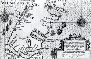 Mapa Magellanského průlivu, deska od Olivera van Noortse s popisem jeho cesty, 1602